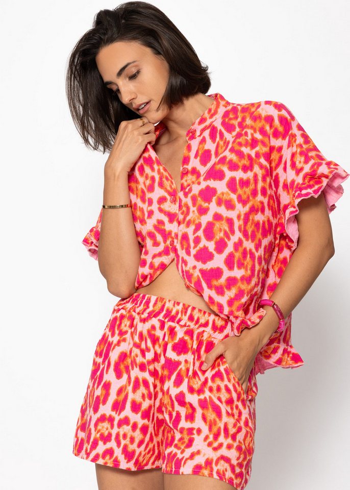 SASSYCLASSY Kurzarmbluse Oversize Musselin Hemdbluse Damen mit Rüschensaum Kurzärmelige Musselinbluse aus Baumwolle mit V-Ausschnitt – Bild 3 von 5