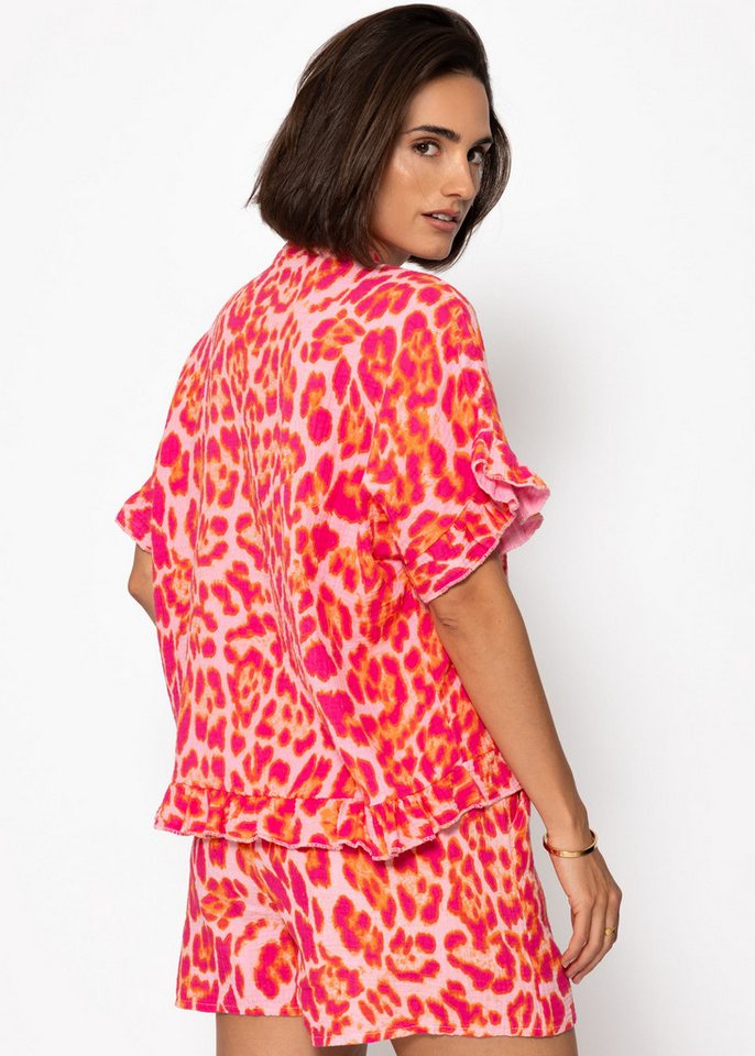 SASSYCLASSY Kurzarmbluse Oversize Musselin Hemdbluse Damen mit Rüschensaum Kurzärmelige Musselinbluse aus Baumwolle mit V-Ausschnitt – Bild 5 von 5
