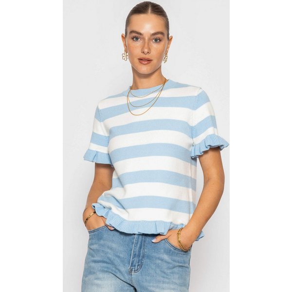 SASSYCLASSY Kurzarmpullover Gestreifter Kurzarm-Pullover mit Volants Damen Verspieltes Shirt aus Strick im geraden Schnitt mit Rundhals