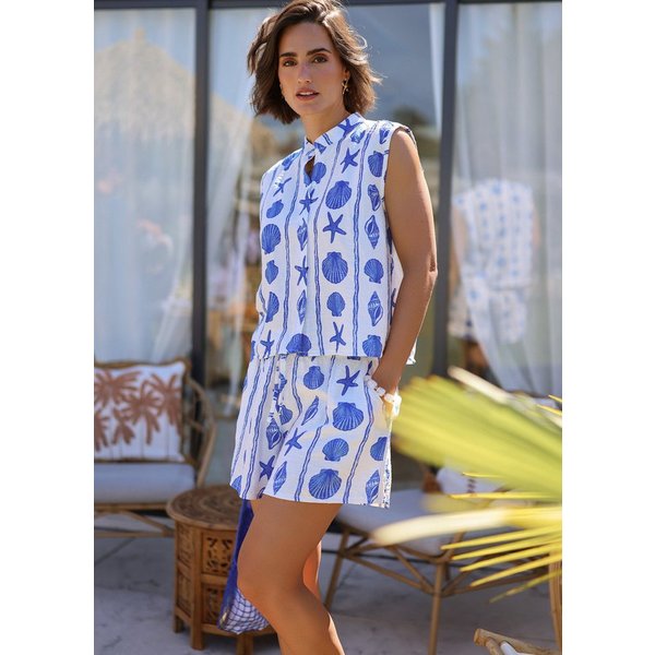 SASSYCLASSY Langarmbluse Ärmellose Bluse mit maritimem Print Damen Sommerliche Bluse mit Stehkragen und Knopfleiste im lockerem Schnitt