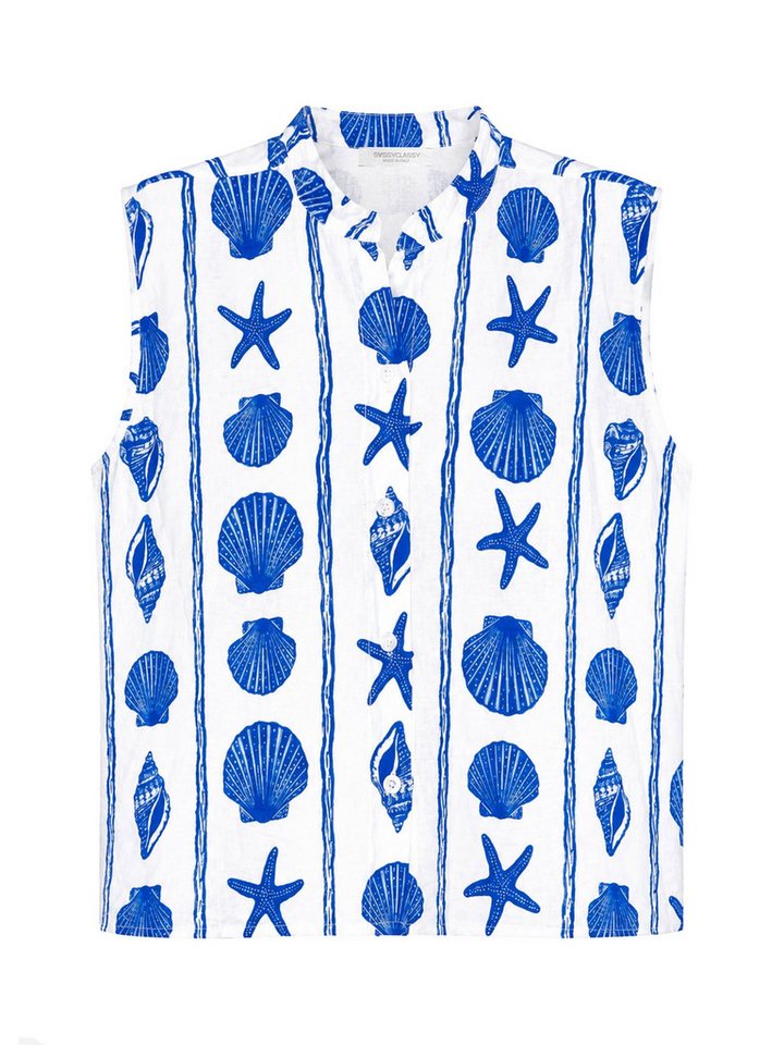 SASSYCLASSY Langarmbluse Ärmellose Bluse mit maritimem Print Damen Sommerliche Bluse mit Stehkragen und Knopfleiste im lockerem Schnitt – Bild 2 von 5