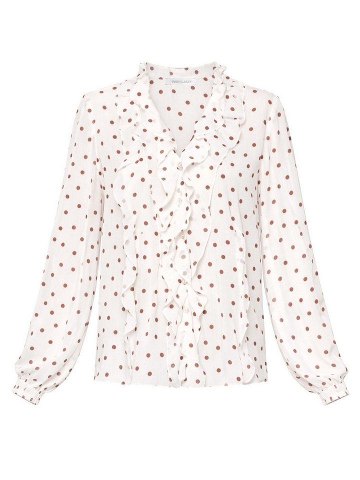 SASSYCLASSY Langarmbluse Chiffon Bluse mit Volants für Damen Leichte Bluse mit braunem Punktemuster und locker fallendem Schnitt – Bild 2 von 5