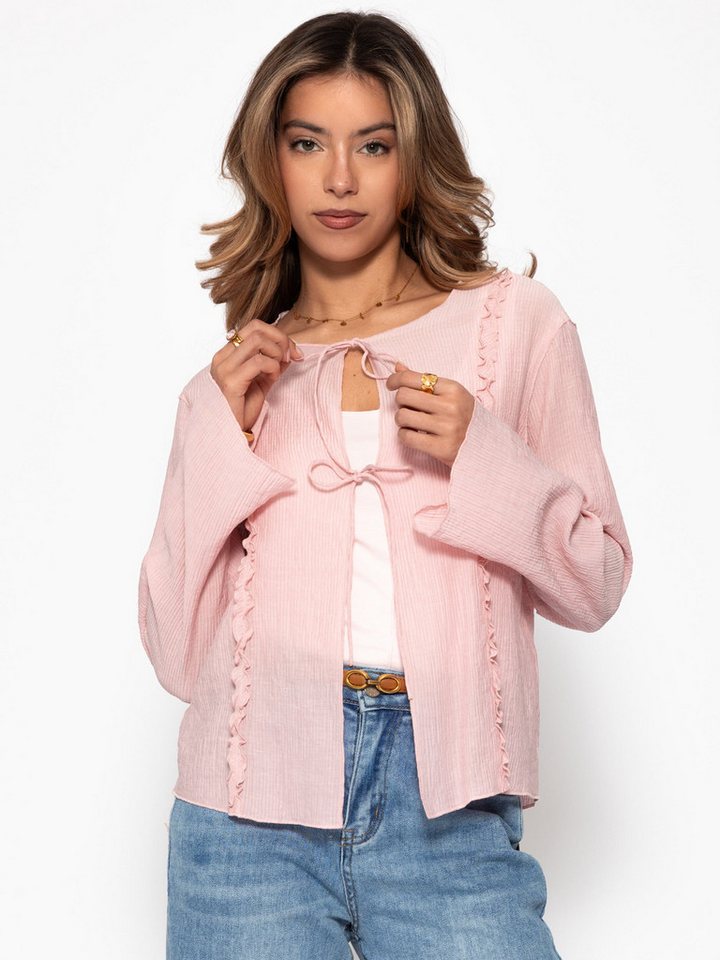 SASSYCLASSY Langarmbluse Feminine Bluse Damen mit Rüschen und Schleifen Luftige Damenbluse langarm aus Baumwolle zum Binden Beige Rosa Schwarz – Bild 2 von 5