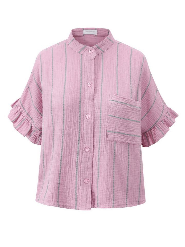 SASSYCLASSY Langarmbluse Gestreifte Musselin Bluse mit Volants Damen Musselinbluse im oversized Schnitt mit Streifenlook rosa – Bild 2 von 5