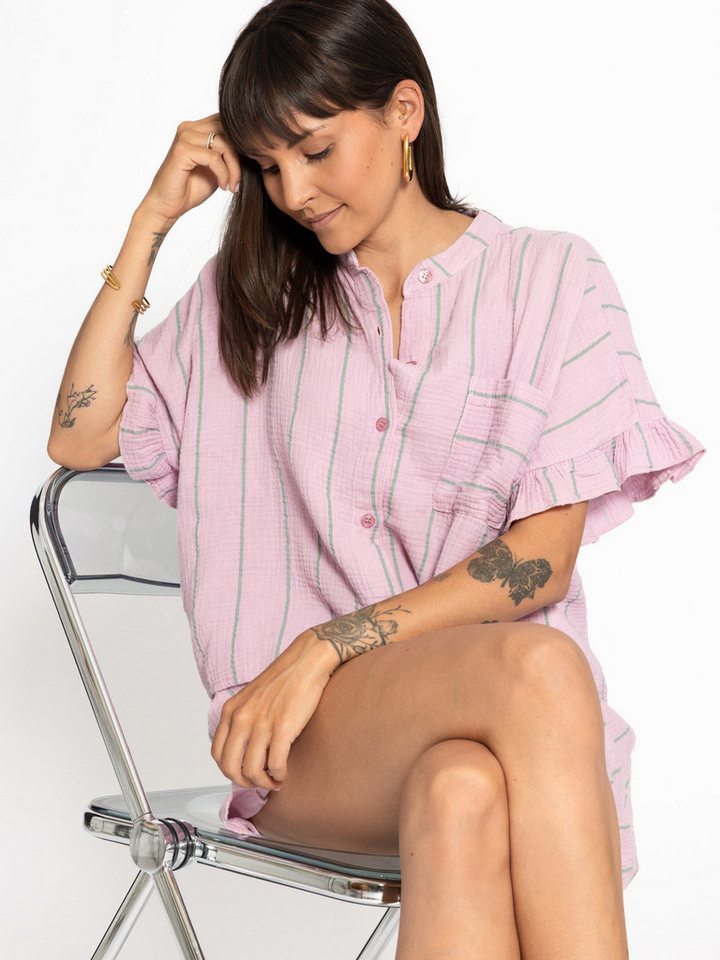 SASSYCLASSY Langarmbluse Gestreifte Musselin Bluse mit Volants Damen Musselinbluse im oversized Schnitt mit Streifenlook rosa – Bild 5 von 5