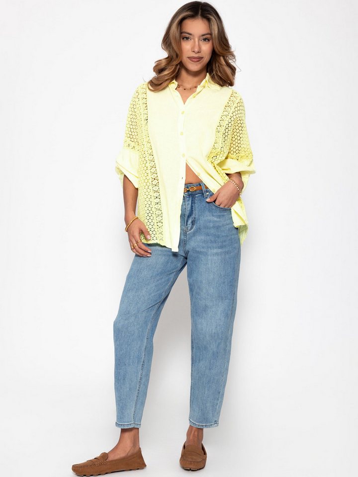 SASSYCLASSY Langarmbluse Leinen Bluse Damen mit Spitzeneinsätzen Oversize Blusenhemd Elegant mit Spitze und V-Ausschnitt Schwarz Weiß – Bild 4 von 5