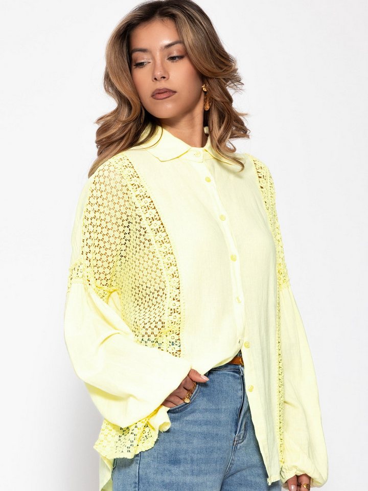 SASSYCLASSY Langarmbluse Leinen Bluse Damen mit Spitzeneinsätzen Oversize Blusenhemd Elegant mit Spitze und V-Ausschnitt Schwarz Weiß – Bild 5 von 5