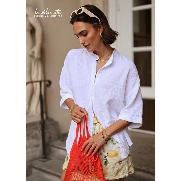 SASSYCLASSY Langarmbluse Musselin Bluse mit halblangen Ärmeln Damen Lässige Baumwollbluse mit Stehkragen und Ärmelumschlag Weiß