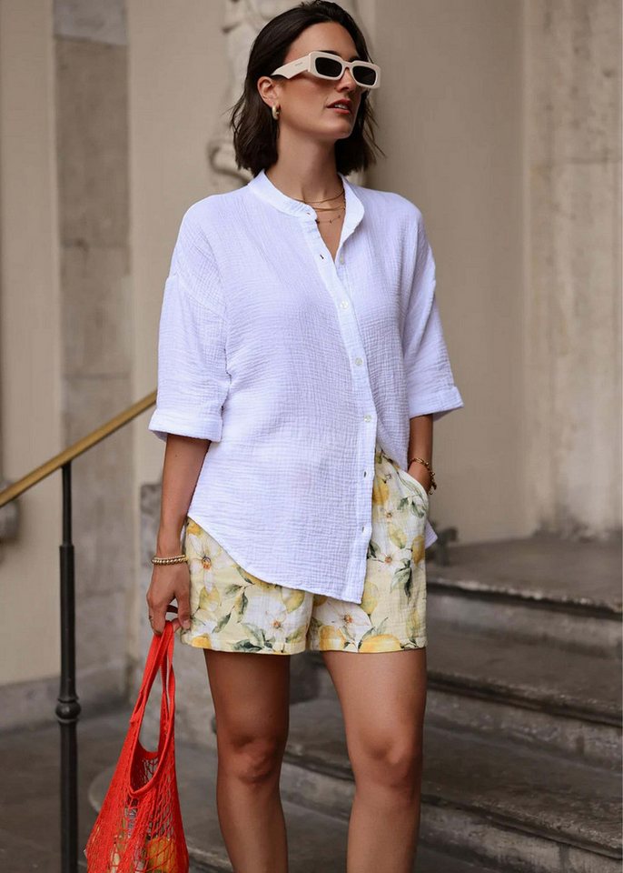SASSYCLASSY Langarmbluse Musselin Bluse mit halblangen Ärmeln Damen Lässige Baumwollbluse mit Stehkragen und Ärmelumschlag Weiß – Bild 3 von 5