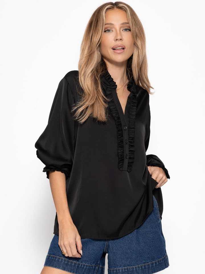 SASSYCLASSY Langarmbluse Rüschenbluse Damen Satin mit seitlichen Schlitzen Lockere Damenbluse aus Satin mit Rüschen an Kragen und Manschetten – Bild 4 von 5