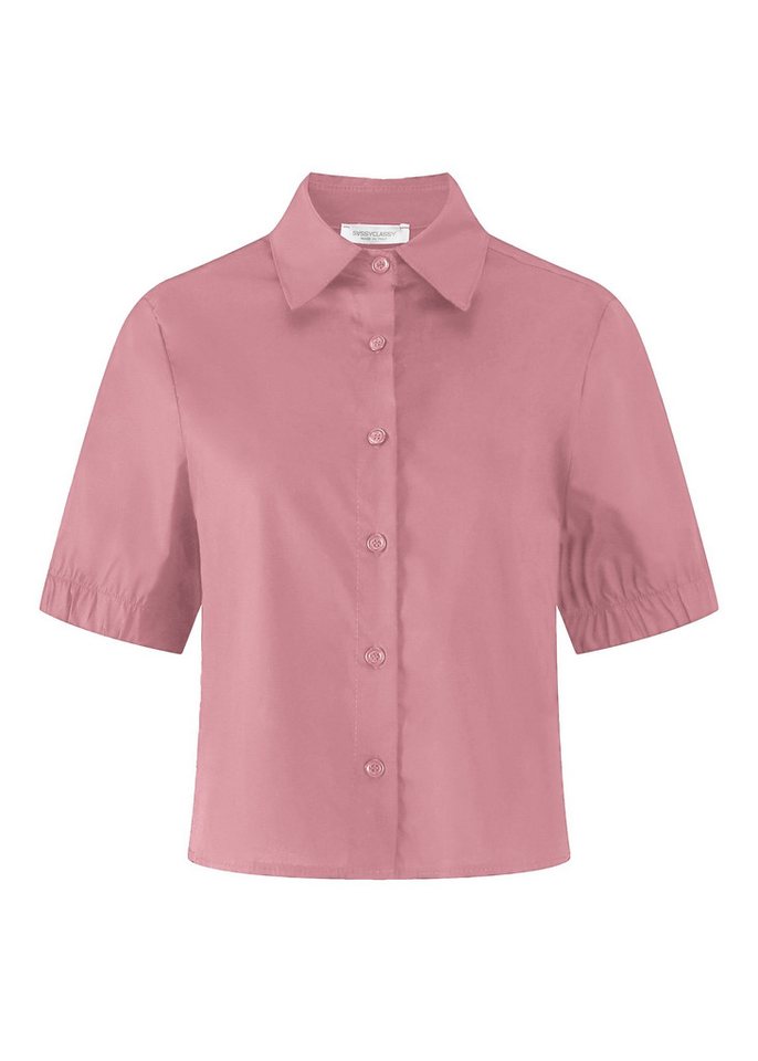 SASSYCLASSY Langarmbluse Vielseitig kombinierbare Kurzarmbluse Damen Popeline-Bluse mit Gummibund und Raffdetails an Ärmeln Rosa Schwarz – Bild 2 von 5