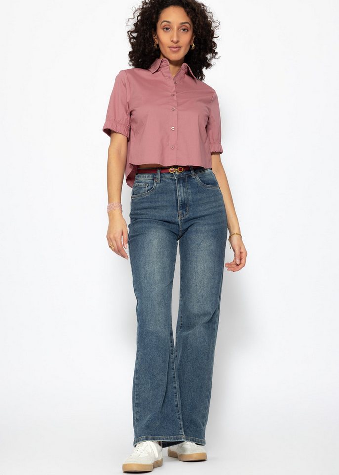 SASSYCLASSY Langarmbluse Vielseitig kombinierbare Kurzarmbluse Damen Popeline-Bluse mit Gummibund und Raffdetails an Ärmeln Rosa Schwarz – Bild 4 von 5