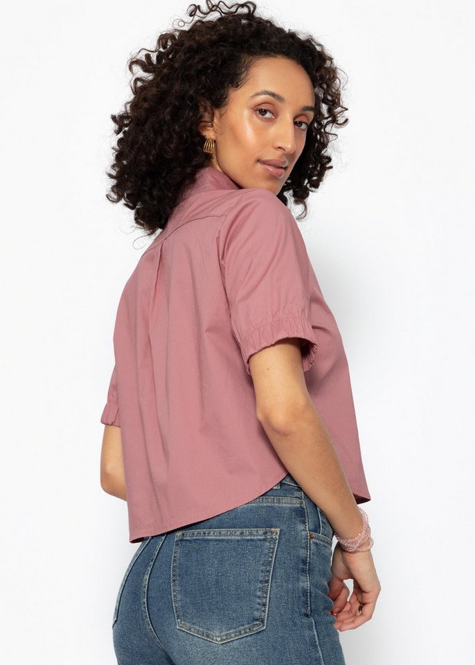 SASSYCLASSY Langarmbluse Vielseitig kombinierbare Kurzarmbluse Damen Popeline-Bluse mit Gummibund und Raffdetails an Ärmeln Rosa Schwarz – Bild 5 von 5