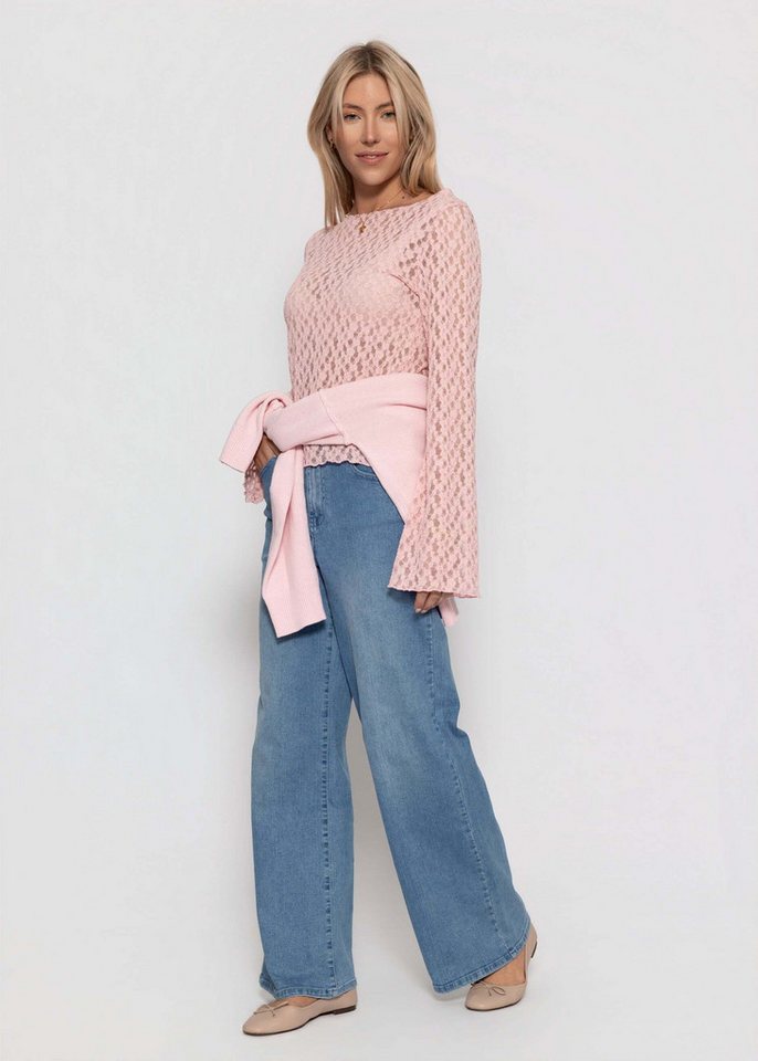 SASSYCLASSY Langarmshirt Spitzenshirt mit weiten Ärmeln für Damen Elegantes Langarmshirt mit floralem Muster in leichter Transparenz – Bild 3 von 5