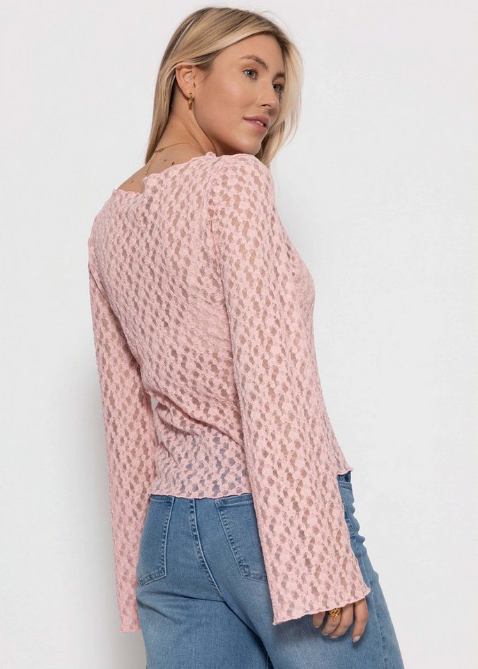 SASSYCLASSY Langarmshirt Spitzenshirt mit weiten Ärmeln für Damen Elegantes Langarmshirt mit floralem Muster in leichter Transparenz – Bild 5 von 5