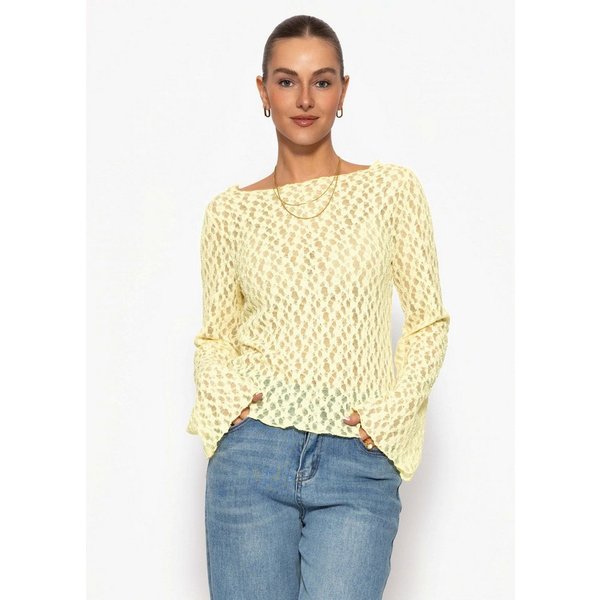 SASSYCLASSY Langarmshirt Spitzenshirt mit weiten Ärmeln für Damen Elegantes Langarmshirt mit floralem Muster in leichter Transparenz