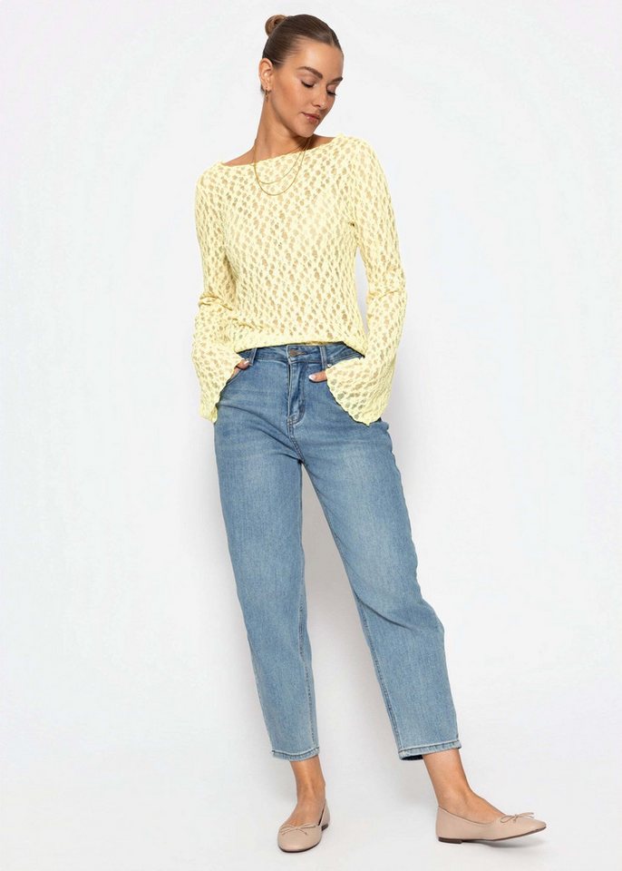 SASSYCLASSY Langarmshirt Spitzenshirt mit weiten Ärmeln für Damen Elegantes Langarmshirt mit floralem Muster in leichter Transparenz – Bild 3 von 5