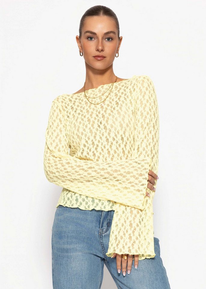 SASSYCLASSY Langarmshirt Spitzenshirt mit weiten Ärmeln für Damen Elegantes Langarmshirt mit floralem Muster in leichter Transparenz – Bild 4 von 5