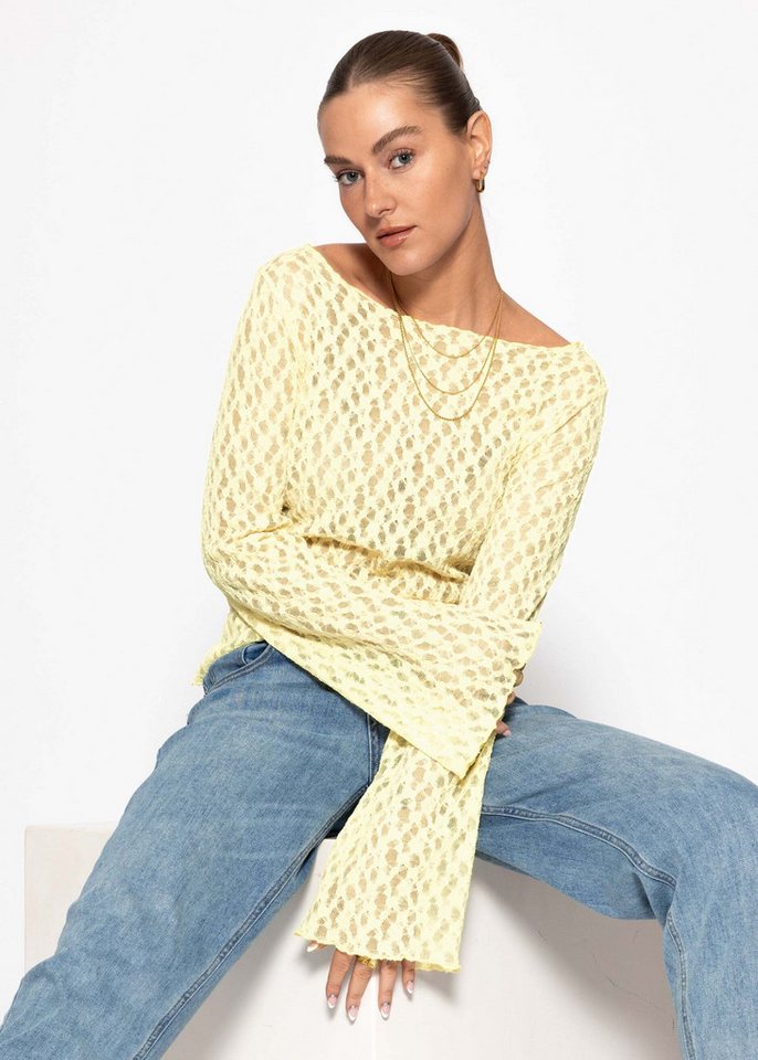 SASSYCLASSY Langarmshirt Spitzenshirt mit weiten Ärmeln für Damen Elegantes Langarmshirt mit floralem Muster in leichter Transparenz – Bild 5 von 5