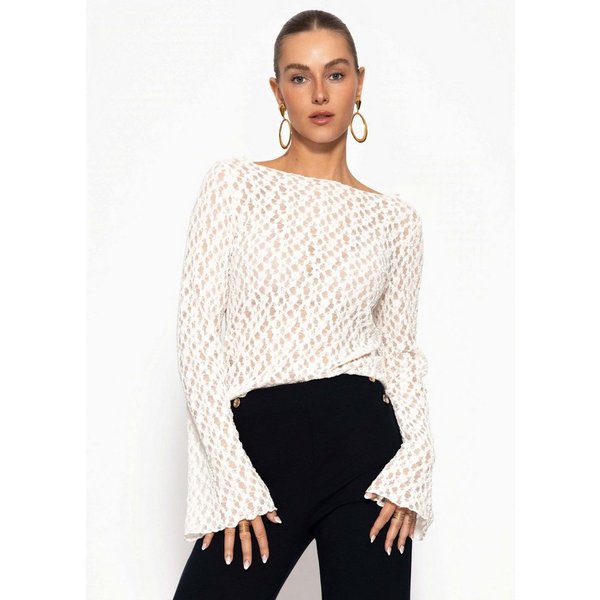 SASSYCLASSY Langarmshirt Spitzenshirt mit weiten Ärmeln für Damen Elegantes Langarmshirt mit floralem Muster in leichter Transparenz