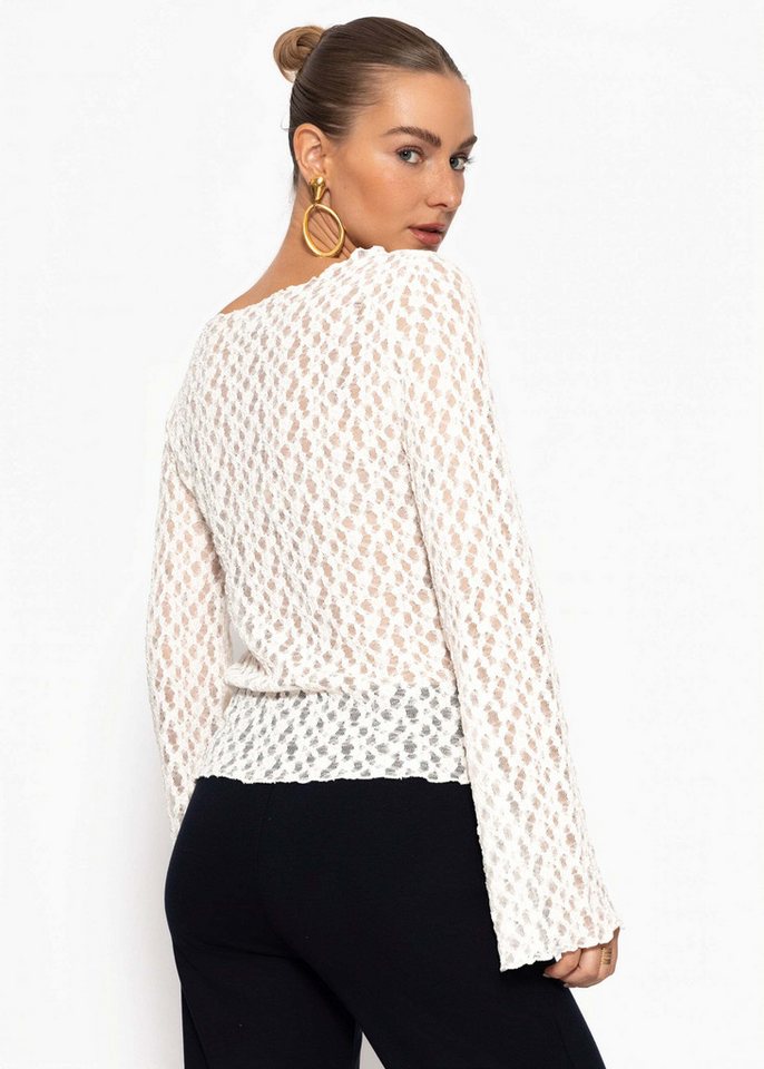 SASSYCLASSY Langarmshirt Spitzenshirt mit weiten Ärmeln für Damen Elegantes Langarmshirt mit floralem Muster in leichter Transparenz – Bild 5 von 5