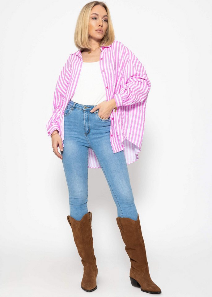 SASSYCLASSY Longbluse Musselin Bluse mit hellen Streifen für Damen Baumwollbluse im Oversized Fit mit Kent Kragen – Bild 4 von 5