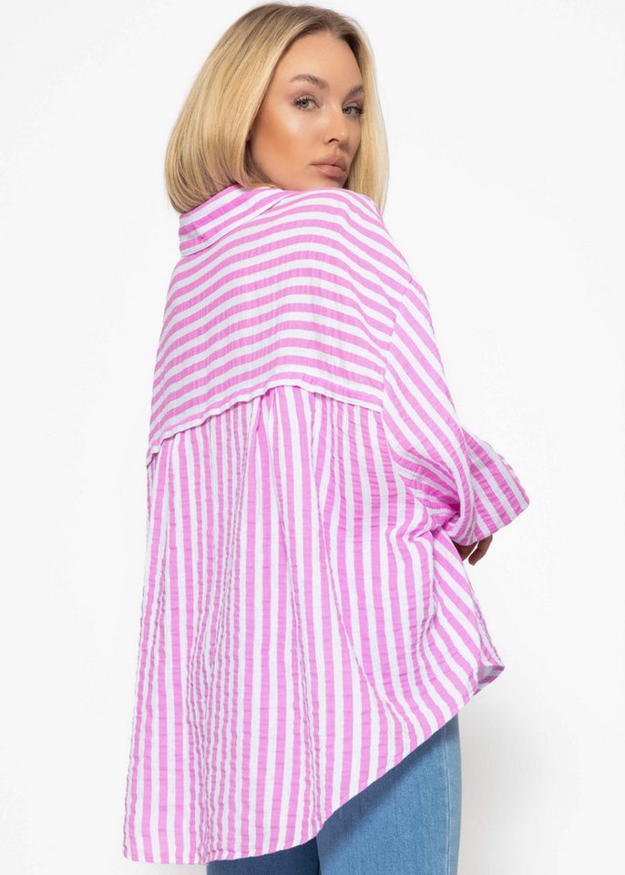 SASSYCLASSY Longbluse Musselin Bluse mit hellen Streifen für Damen Baumwollbluse im Oversized Fit mit Kent Kragen – Bild 5 von 5