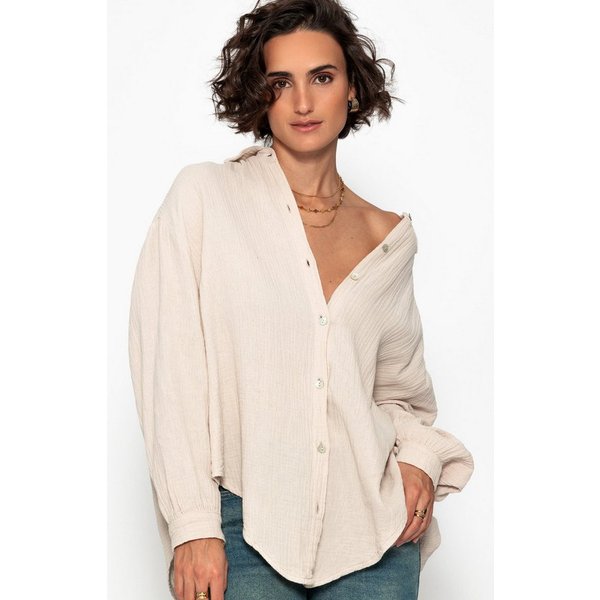 SASSYCLASSY Longbluse Musselin Bluse mit hellen Streifen für Damen Baumwollbluse im Oversized Fit mit Kent Kragen