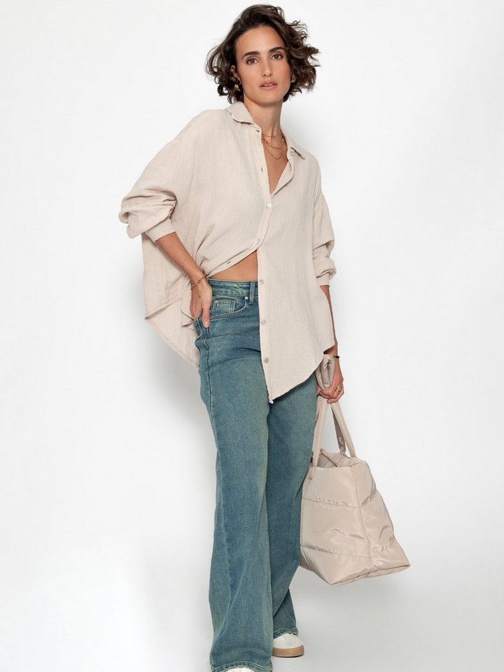 SASSYCLASSY Longbluse Musselin Bluse mit hellen Streifen für Damen Baumwollbluse im Oversized Fit mit Kent Kragen – Bild 3 von 5