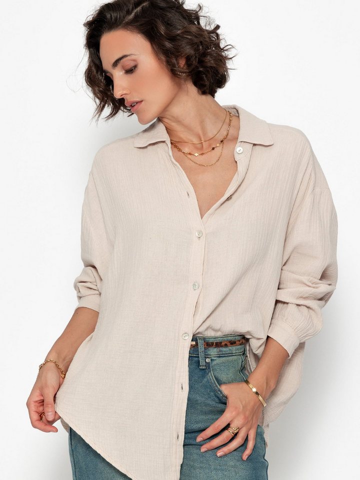 SASSYCLASSY Longbluse Musselin Bluse mit hellen Streifen für Damen Baumwollbluse im Oversized Fit mit Kent Kragen – Bild 4 von 5