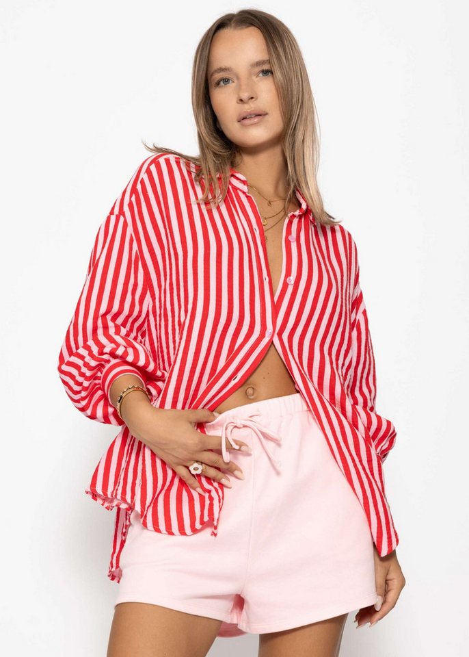 SASSYCLASSY Longbluse Musselin Bluse mit hellen Streifen für Damen Baumwollbluse im Oversized Fit mit Kent Kragen – Bild 4 von 5