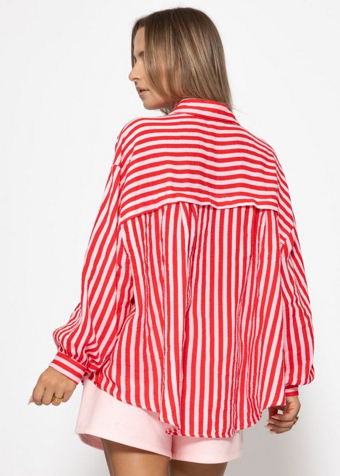 SASSYCLASSY Longbluse Musselin Bluse mit hellen Streifen für Damen Baumwollbluse im Oversized Fit mit Kent Kragen – Bild 5 von 5