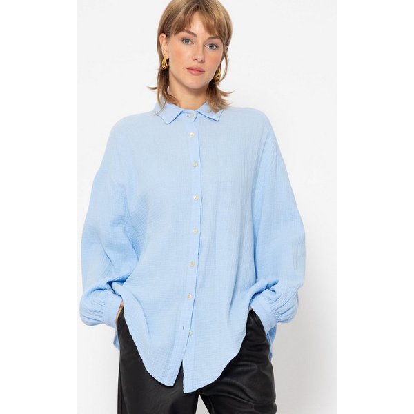 SASSYCLASSY Longbluse Oversize Musselin Bluse Damen kurz Langarm Elegant Hemdbluse lang aus Baumwolle mit V-Ausschnitt, One Size (Gr. 36-48)