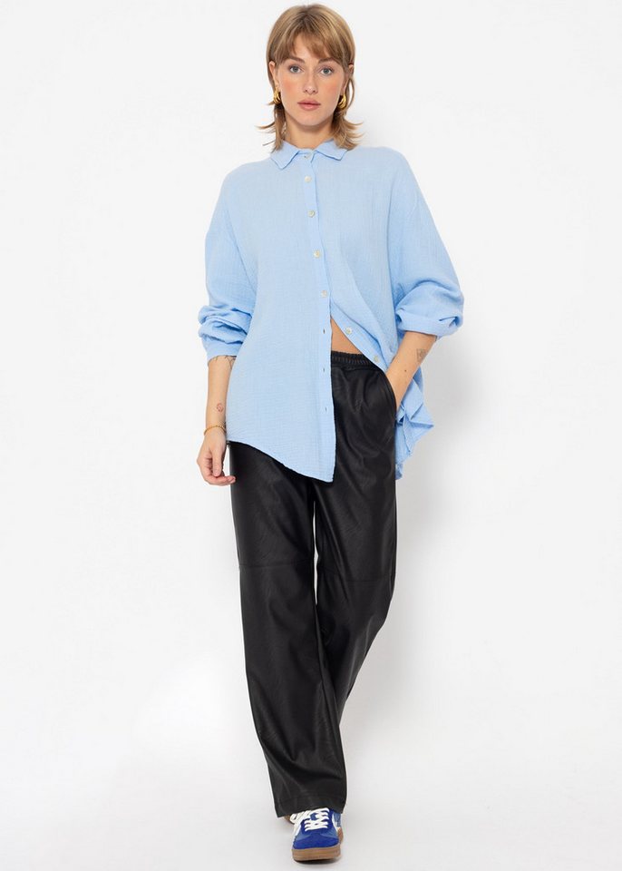 SASSYCLASSY Longbluse Oversize Musselin Bluse Damen kurz Langarm Elegant Hemdbluse lang aus Baumwolle mit V-Ausschnitt, One Size (Gr. 36-48) – Bild 3 von 5