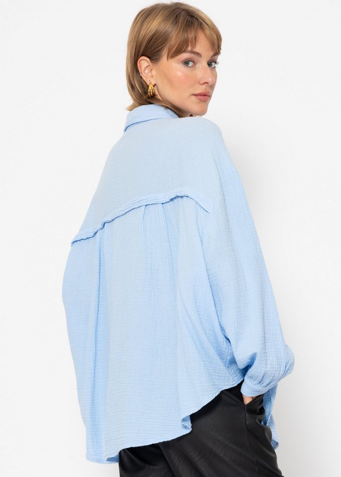 SASSYCLASSY Longbluse Oversize Musselin Bluse Damen kurz Langarm Elegant Hemdbluse lang aus Baumwolle mit V-Ausschnitt, One Size (Gr. 36-48) – Bild 4 von 5