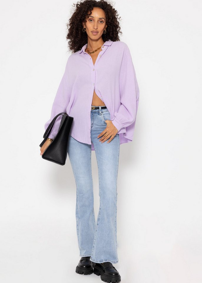 SASSYCLASSY Longbluse Oversize Musselin Bluse Damen kurz Langarm Elegant Hemdbluse lang aus Baumwolle mit V-Ausschnitt, One Size (Gr. 36-48) – Bild 3 von 5