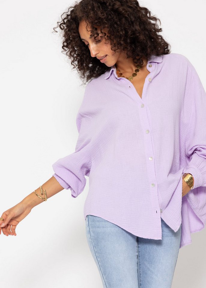 SASSYCLASSY Longbluse Oversize Musselin Bluse Damen kurz Langarm Elegant Hemdbluse lang aus Baumwolle mit V-Ausschnitt, One Size (Gr. 36-48) – Bild 4 von 5