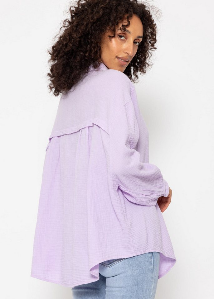 SASSYCLASSY Longbluse Oversize Musselin Bluse Damen kurz Langarm Elegant Hemdbluse lang aus Baumwolle mit V-Ausschnitt, One Size (Gr. 36-48) – Bild 5 von 5