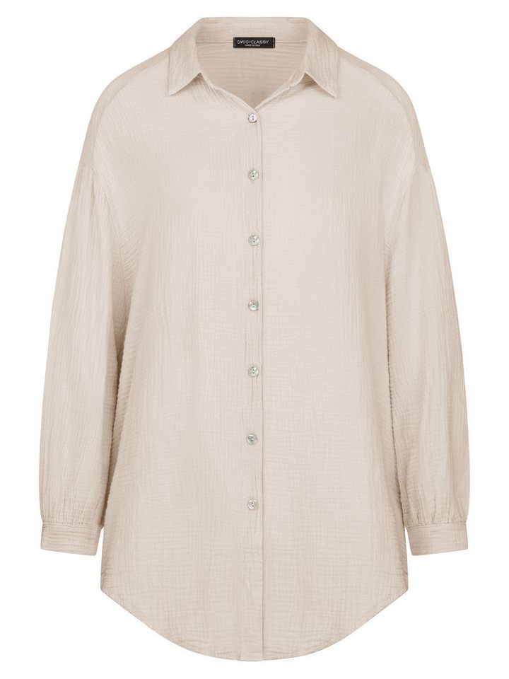 SASSYCLASSY Longbluse Oversize Musselin Bluse Damen Langarm Elegant Hemdbluse lang aus Baumwolle mit V-Ausschnitt, One Size (Gr. 36-48) – Bild 2 von 5