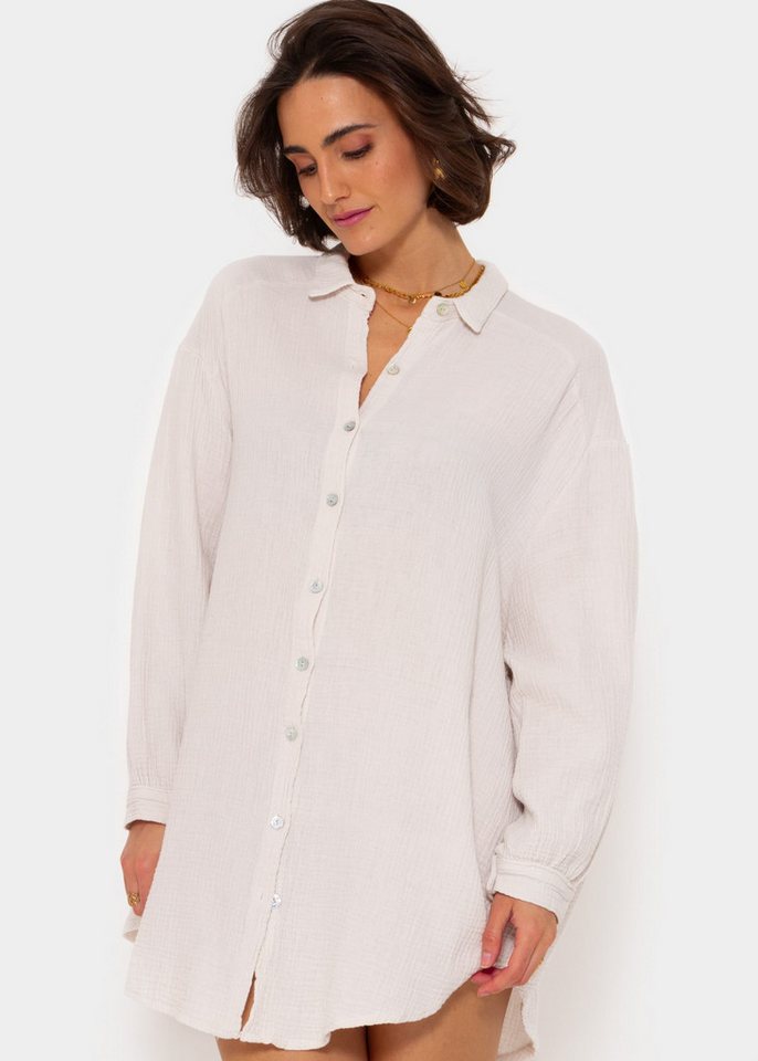 SASSYCLASSY Longbluse Oversize Musselin Bluse Damen Langarm Elegant Hemdbluse lang aus Baumwolle mit V-Ausschnitt, One Size (Gr. 36-48) – Bild 4 von 5