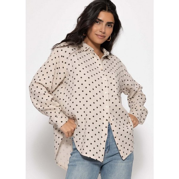 SASSYCLASSY Longbluse Oversize Musselin Bluse mit Punkten für Damen Leichte Bluse aus Baumwolle mit V-Ausschnitt und Brusttasche