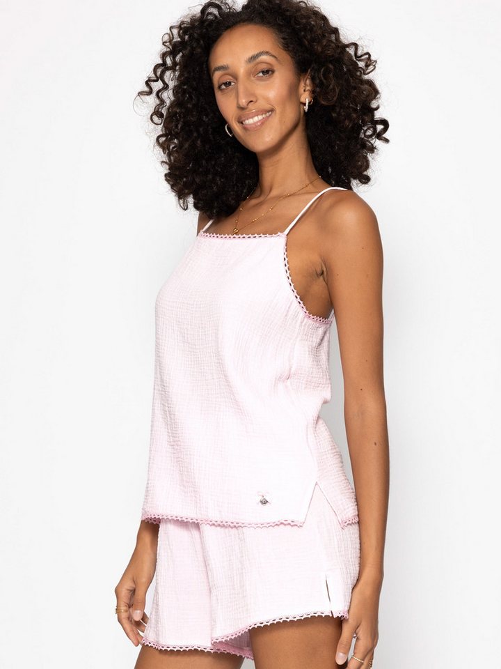 SASSYCLASSY Pyjamaoberteil Musselin Pyjamatop mit Spitzenborte für Damen Leichtes Top aus Musselin mit Schleifendetail Rosa Blau Gelb Weiß – Bild 3 von 5