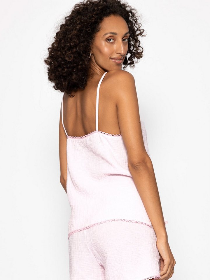 SASSYCLASSY Pyjamaoberteil Musselin Pyjamatop mit Spitzenborte für Damen Leichtes Top aus Musselin mit Schleifendetail Rosa Blau Gelb Weiß – Bild 5 von 5