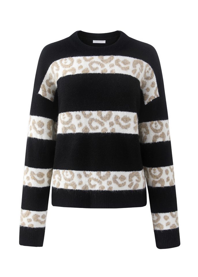 SASSYCLASSY Rundhalspullover Pullover mit Leo-Streifen für Damen Weicher Blockstreifenpullover mit Animal-Print Taupe Schwarz – Bild 2 von 5