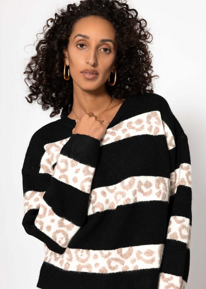 SASSYCLASSY Rundhalspullover Pullover mit Leo-Streifen für Damen Weicher Blockstreifenpullover mit Animal-Print Taupe Schwarz – Bild 4 von 5