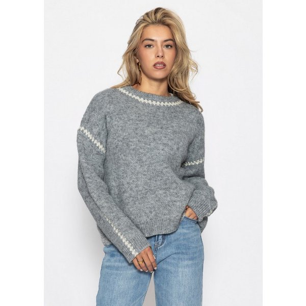 SASSYCLASSY Rundhalspullover Pullover mit Ziernähten für Damen Kuscheliger Strickpullover mit Rundhals und Wollanteil Grau Beige