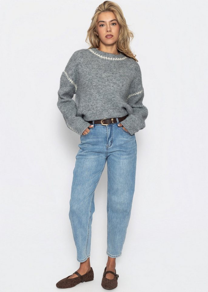 SASSYCLASSY Rundhalspullover Pullover mit Ziernähten für Damen Kuscheliger Strickpullover mit Rundhals und Wollanteil Grau Beige – Bild 3 von 5