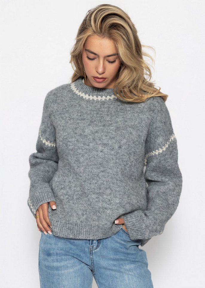 SASSYCLASSY Rundhalspullover Pullover mit Ziernähten für Damen Kuscheliger Strickpullover mit Rundhals und Wollanteil Grau Beige – Bild 4 von 5