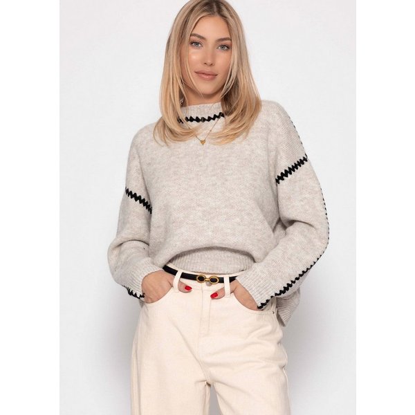 SASSYCLASSY Rundhalspullover Pullover mit Ziernähten für Damen Kuscheliger Strickpullover mit Rundhals und Wollanteil Grau Beige