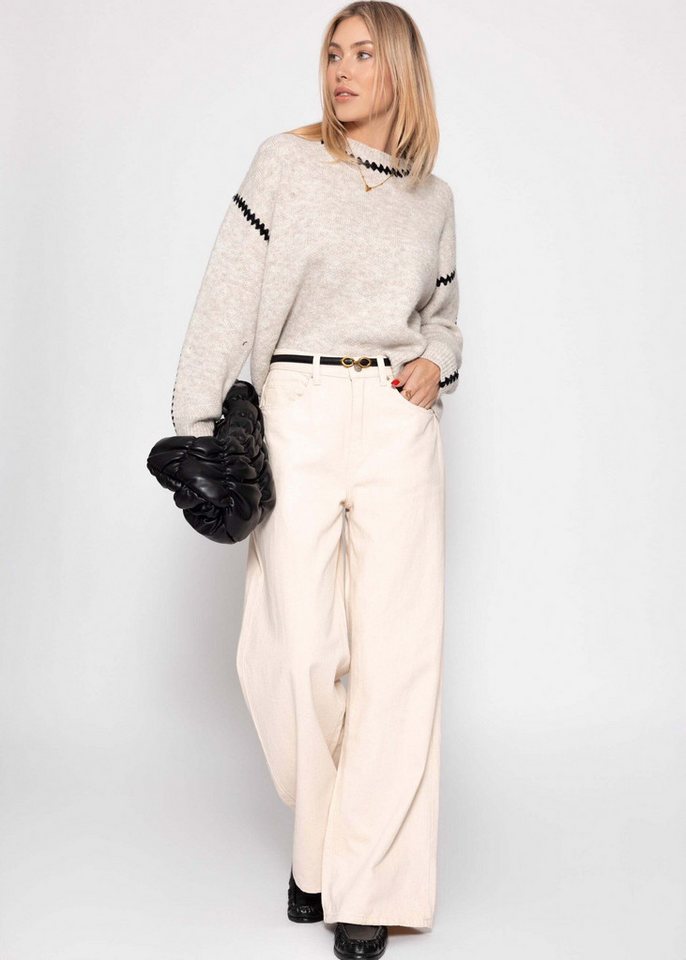 SASSYCLASSY Rundhalspullover Pullover mit Ziernähten für Damen Kuscheliger Strickpullover mit Rundhals und Wollanteil Grau Beige – Bild 3 von 5